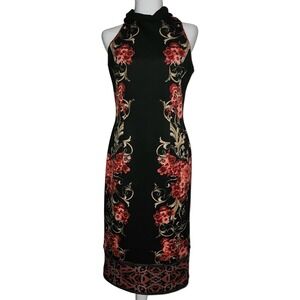 New York & Company Floral Print Halter Dress W/Scarf Party Cocktail Black Red M